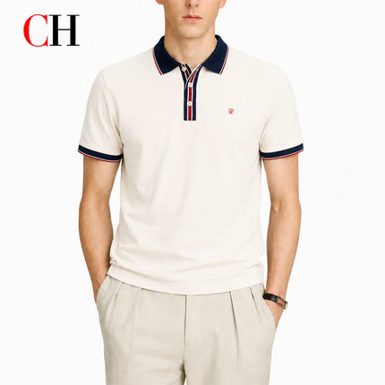 CH Men Multi Stripe Placket Short Sleeve Polo Shirt Tiny Red Embroidery Left Chest Old Money Quiet Luxury Coastal Vacation Wear