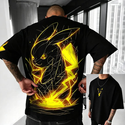2026 Summer Pokemon Cotton T Shirt Pikachu Front Print Yellow Lightning Effects Black Tops Loose Fit Men Casual Streetwear