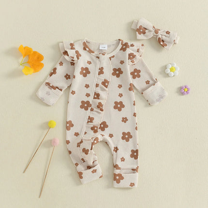 Toddler Baby Girl Floral Jumpsuit with Headband 2Pcs Clothing Knitted Set Children Long Sleeve Bodysuits Kids Sleepwear Overall