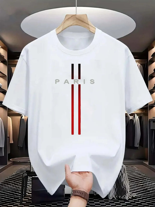 Men's New Polyester Fabric Comfortable and Breathable Crew Neck T-shirt with Paris Letter Print Pattern Outdoor Casual Top