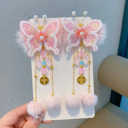 New Year Chinese-Style Hair Accessories Collection,Butterfly/Flower/Fan Designs with Fur Balls,Festive Clips for New Year Outfit