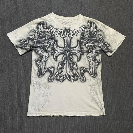 90s Comfortable Printed Fire Element Pure Cotton Series Short-Sleeves Black Minimalism American Street Casual Sports T-shirts