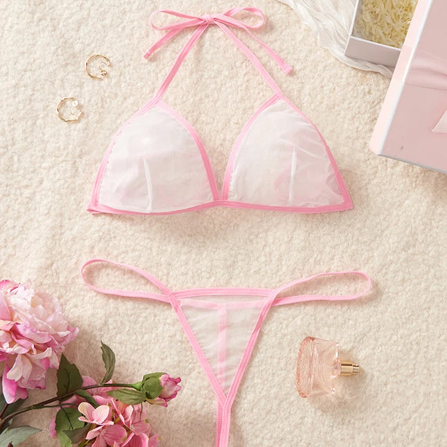 Red Transparent Color Blocked Mesh Hanging Neck Strap Bra Two-piece Sexy Women's Deep V Bikini-Style Underwear Set Erotic Costumes