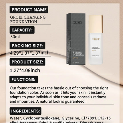 GROEI Changing Foundation SPF 15 - 30ml Adaptive Color Makeup, Auto-Match Your Skin Tone, Lightweight Cover Blemishes & Redness