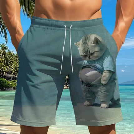 Funny Animal Cat 3D Print Men's Casual Shorts Breathable Drawstring Swim Trunks Cat Pattern Summer Sportwear Shorts Man Clothing