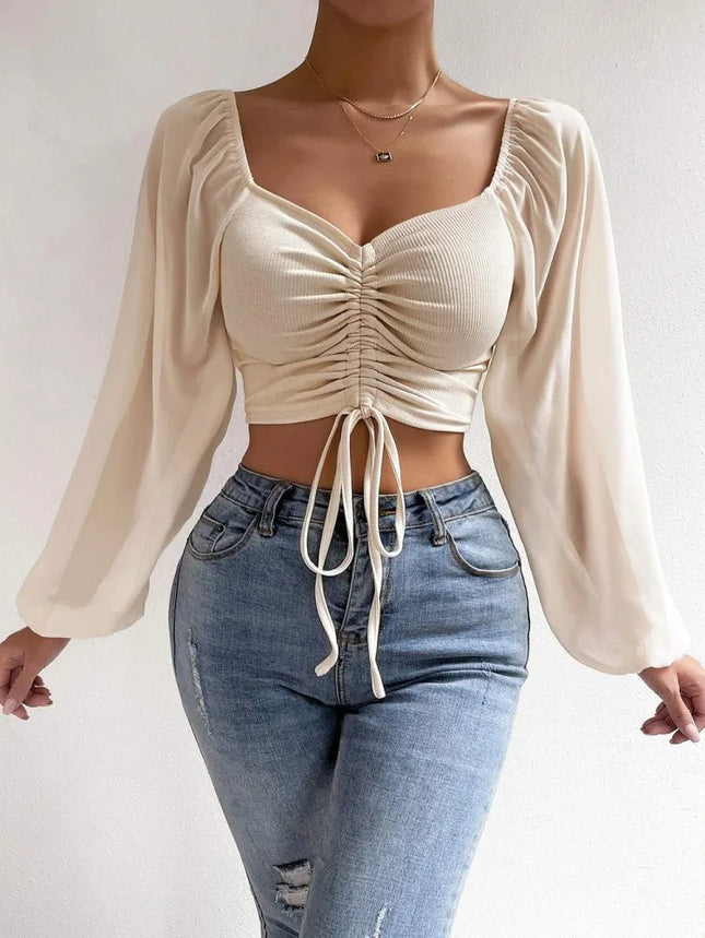 Drawstring Front Sheer Sleeve Crop T-Shirt Women Plunge Neck Long Sleeve Rib-knit Ruched Blouse Sexy Top Spring Summer Outfit