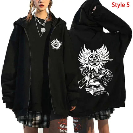 Fashion Unisex Autumn Winter Coat Supernatural Print Zipper Hoodie Casual Long Sleeve Tops Women Men Harajuku Zipper Sweatshirt