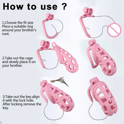 Black or Pink Male Penis Cage Chastity Cage Lock Device w/4 Rings Virginity Device 5 Sizes