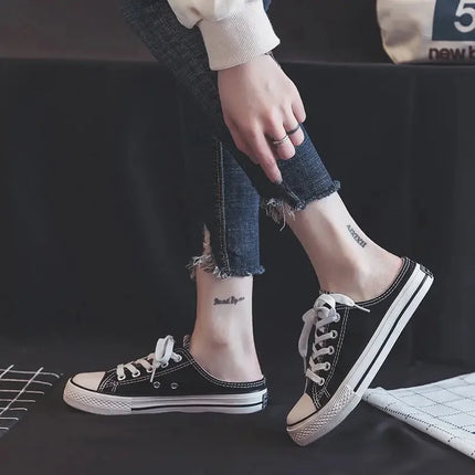 Flat Bottom Canvas Shoes Women's Versatile Low Cut Rubber Sole Pure Color Adult Slip-On Fashion Trendy White Sneakers