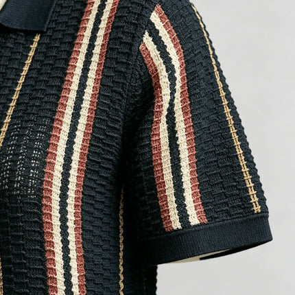 Men's Vintage Striped Knit Polo Shirt, Casual Summer Short Sleeve Top for Daily Wear & Weekend Outings