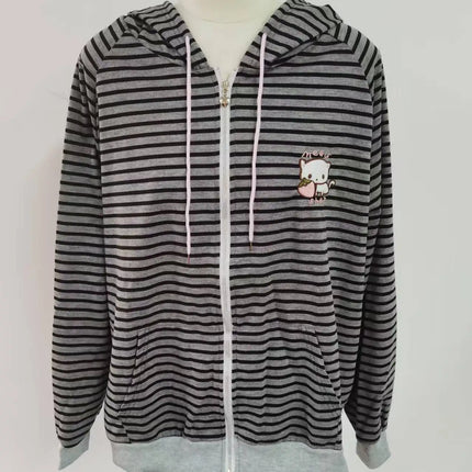 Strawberry Cat Embroidered Striped Hoodies Women Top Japanese Subculture Cute Cat Ear Black Grey Loose Harajuku Coat for Women