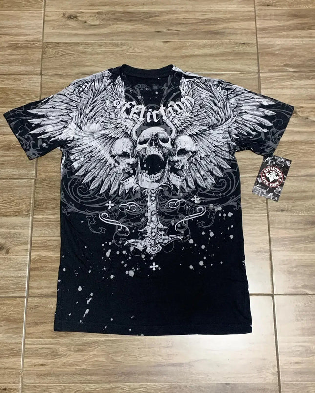 AFFICTION Red Goth Short Sleeves Men Women Vintage Cotton Couple Matching Hip Hop Streetwear Distressed Round Summer Grunge Tee