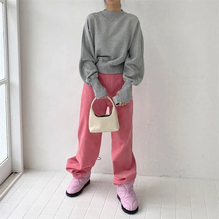 Fashion Waist Cinched Cropped Sweatshirts Women Autumn Harajuku Casual Oversized Pullover Lady Gray Long Sleeve Crewneck Hoodies