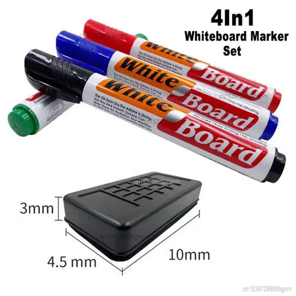 4Pcs Color Erasable Whiteboard Marker Pen With White Board Eraser Wiper Set Office School Writing Painting Stationery Blue Black