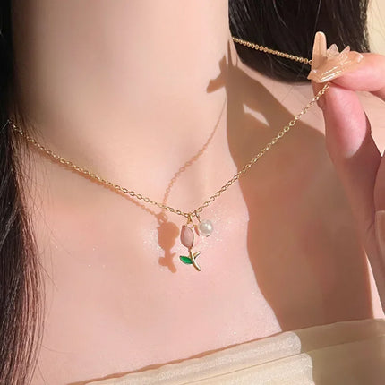 2025 Trendy Fashion Pink Tulip Necklace Earrings Women's Set Temperament Party Sweet Simple Jewelry Set Accessories Gifts