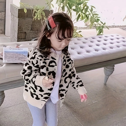Girls' Cardigan Jacket Knitted Sweater Stylish Leopard Print Little Girl Jacket Baby Jacket Spring and Autumn New Trendy Style