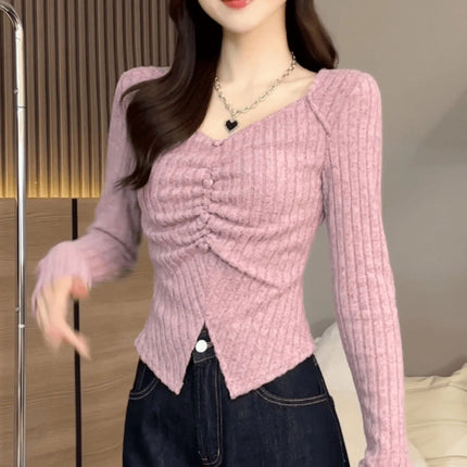 Fashionable Korean Style Solid Color Pleated Slim Fit Long Sleeve Base T-Shirt Women's Autumn New Style V-Neck Top