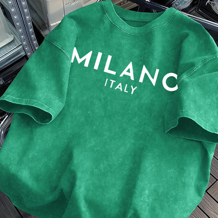 Milano Italy Printed Retro Tee Top Men's Summer Breathable Cotton T-Shirts Soft Fashion Washed Tee Unisex Casual Clothing