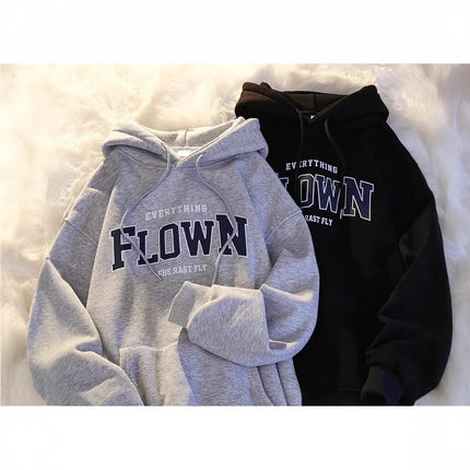 Thickened Fleece Hoodie Women's Autumn Winter American Retro Letter Loose BF Style Casual Jacket Comfortable Polyester Long S...