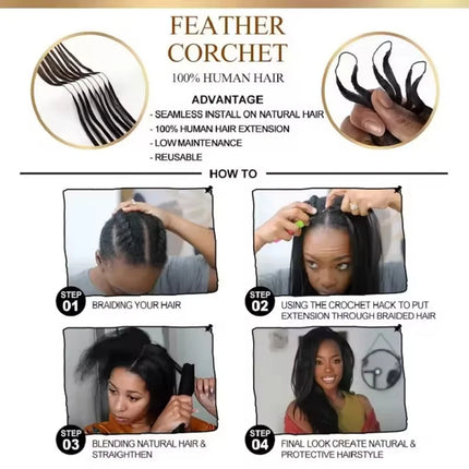 12ABone Straight Crochet Human Hair Feather Knotless Pre-Separated Crochet Hair Extensions Full Head Brazilian Hair For Women