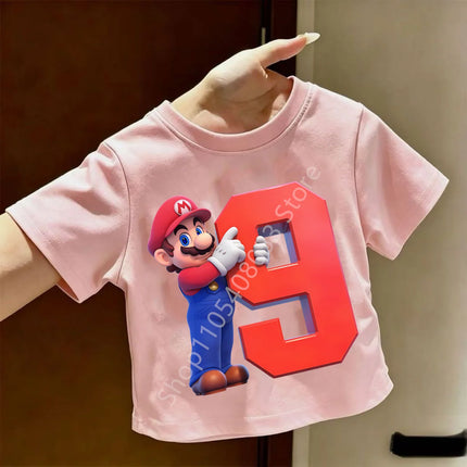2026 New Super Mario Bros Children's Pure T-shirts Anime Birthday Numbers 1-9, Cute Anime Children's Casual T-shirts