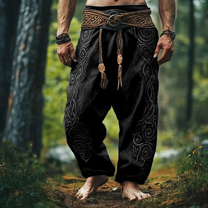 Men's Retro Viking Celtic Knot and Snake 3D Printed Casual Drawstring Straight-Leg Summer Beach Pants