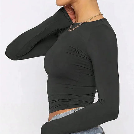 Basic Long Sleeve Crop Top for Women Spring Autumn Winter Round Neck Slim Fit Solid Color T-shirt Streetwear Tee Top