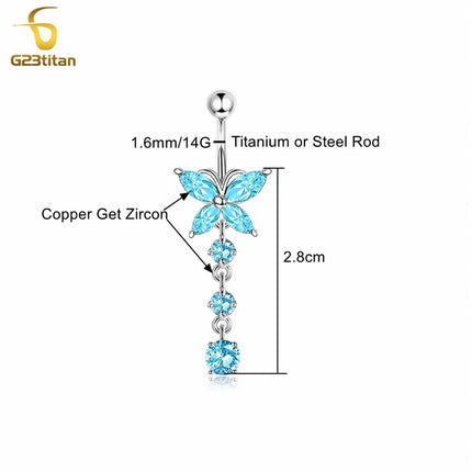 G23titan Crystal Zircon Butterfly Dangle Belly Button Ring Titanium or Steel Bar Navel Piercing Jewelry Women Body Accessories