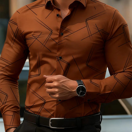 Men's trendy geometric line print long-sleeved shirt Business casual fashion design slim fit non-iron versatile ins style shirt