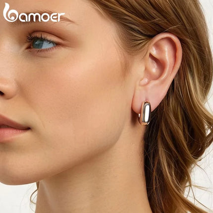 BAMOER White Gold Plated 925 Sterling Silver Post Glossy Hoop Earrings, High Polished Trendy Fashion Jewelry for Women Bijoux