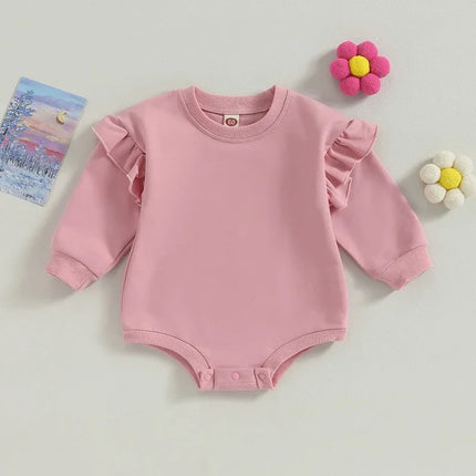 Baby Sweatshirt Romper Ruffle Long Sleeve Round Neck Solid Color Bodysuit Infant Fall Outfit