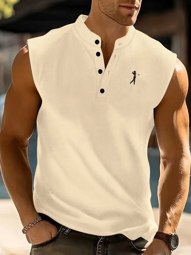 Men's Golf Print Stand Collar Sleeveless Henley Tank Top | Waffle Knit Breathable Casual Sports Shirt