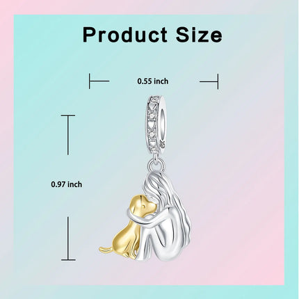 Girl & Dog Hugging Dangle Charm S925 Sterling Silver Two tone pendants Fit Original Bracelet Making Pet Lovers’ Bracelet Gift