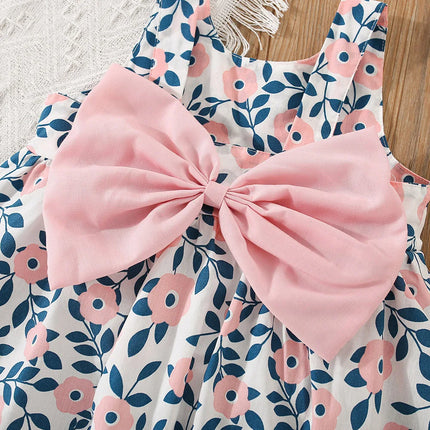 2 Pcs Girls' Summer New Dress Round Neck Cute Back Big Bow Cotton Skirt Comes with Hat for Children's Clothing