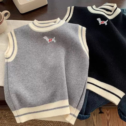Spring Autumn Baby and Girls Boys Contrast Knitted Sweater Waistcoat School Kids Vest Jacket Children Outfit Pullover Top 1-12Yr