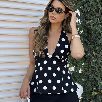 HH Summer Woman Black Polka Dot Backless Bow Decoration Halter Vest Tops Fashion Women Sleeveless Backless Sexy Tops