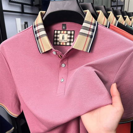 High-end silky cotton breathable short-sleeve polo shirt men's summer new trend plaid lapel designer brand casual golf T-shirt