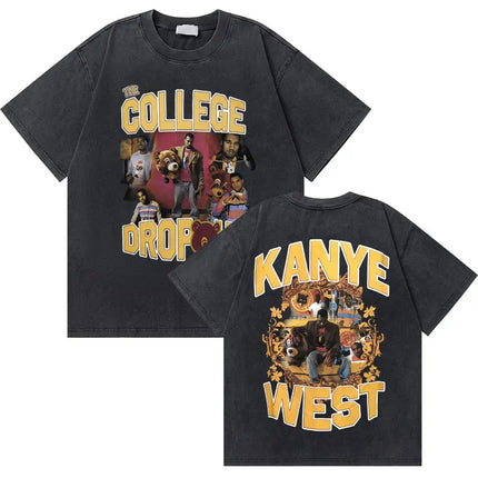Washed Vintage Rapper Kanye West Graduation Bear Graphic T Shirt Men Pure Cotton T-shirt Men's Hip Hop Fashion Oversized Tshirt