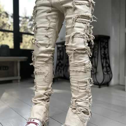 new Patch denim straight-leg pants retro jeans street fashion ins explosive style elastic new men's fashion retro denim trousers