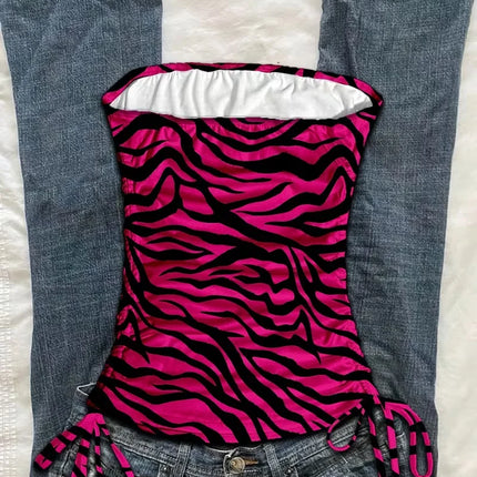 Cropped top - Women's summer vacation pleated lace-up leopard print vest, sleeveless zebra print top, pink zebra print top,