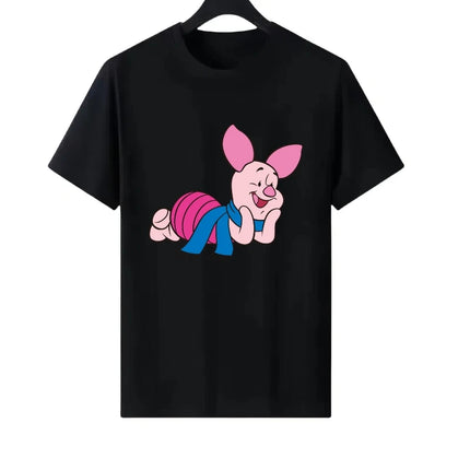 Disney Pooh Bear Piglet Pattern Woman Round Neck Loose Parent-child Clothing Tops Ladies Comfort Short Sleeves T-Shirt Blouses