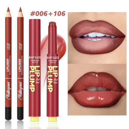 2Pcs/Set Moisturizing Lipstick Pen + Matte Lip Liner, long-lasting, red, brown, purple and multiple colors optional