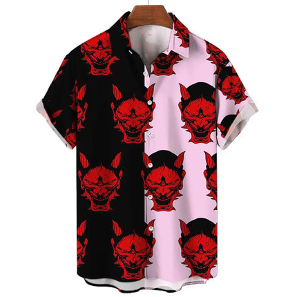 Devil Pattern Men's Shirts Oversized Shirt Loose Casual Double Patchwork Red Imp Party Festival Camisas Original