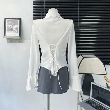 White Shirt Women Tops Korean Long Sleeve Blouses Lace Up Button Up Shirt Office Lady Black Fashion Slim Turn-Down Collar Blouse