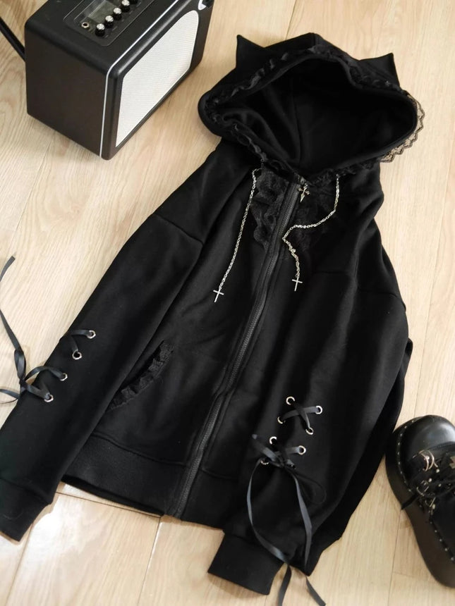 Japanese Kawaii Sweatshirt Long Seleeve Casual Women Subculture Hoodies Rivet Print Coat Cute Sweet Style Chic Women Clothing