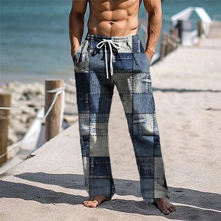 Plaid Color Block Men's Resort 3D Printed Casual Pants Trousers Elastic Waist Fit Straight-Leg Pant Summer Beach Pants