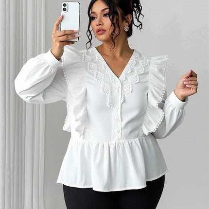 Plus Size Casual Solid Colour Lace Patchwork Ruffled Long Sleeve Top 2025 Autumn New Arrival Everyday Fashion