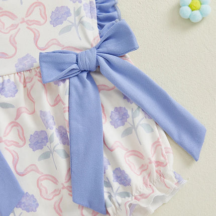 Pudcoco Baby Girl Romper for Summer Loose Fit Flower Bow Print Ruffled Trim Sleeveless Infant Jumpsuit 0-18M