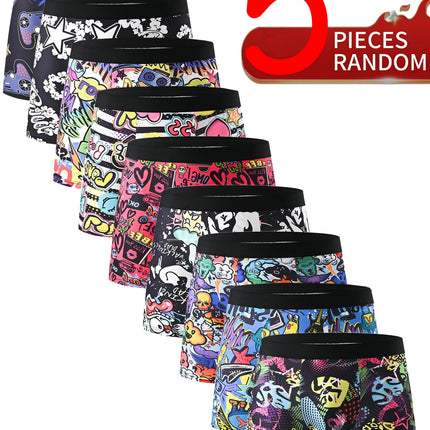 5PCS Random Men's Breathable Boxer Underwear with Colorful Graffiti Patterns Elastic Waistband Trendy and Fashionable Underwear