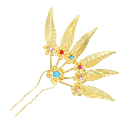New Golden Alloy Leaf Crystal Flower Hairpin Hair Accessories for Women Thailand Ethnic Dance Party Decoration Headwear Jewelry